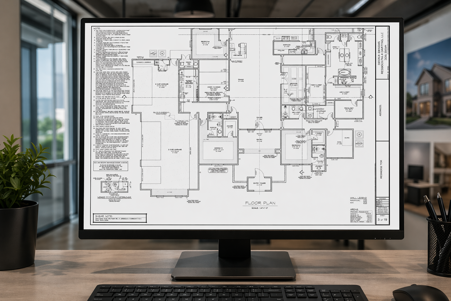Floor plan displayed on a monitor in a residential design workspace